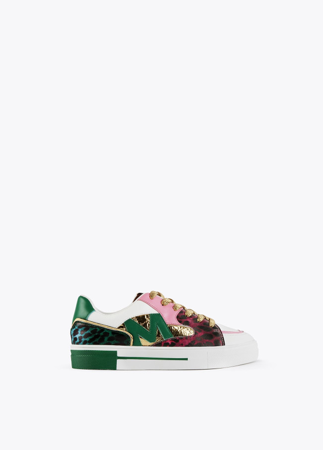 Green multi patch leather trainers