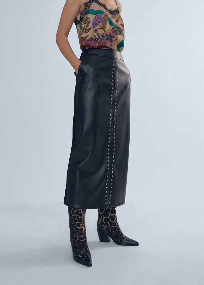 Faux leather skirt with rhinestone detai 2