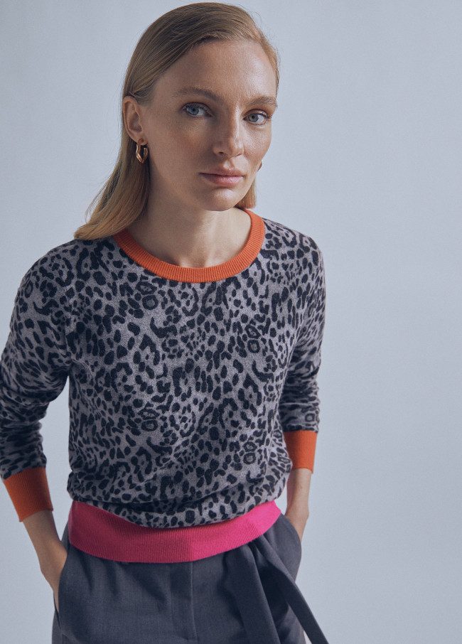 Animal print sweater with contrast cuffs