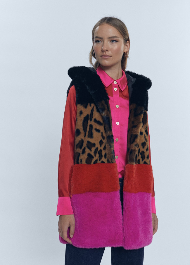 Long animal print fur waistcoat