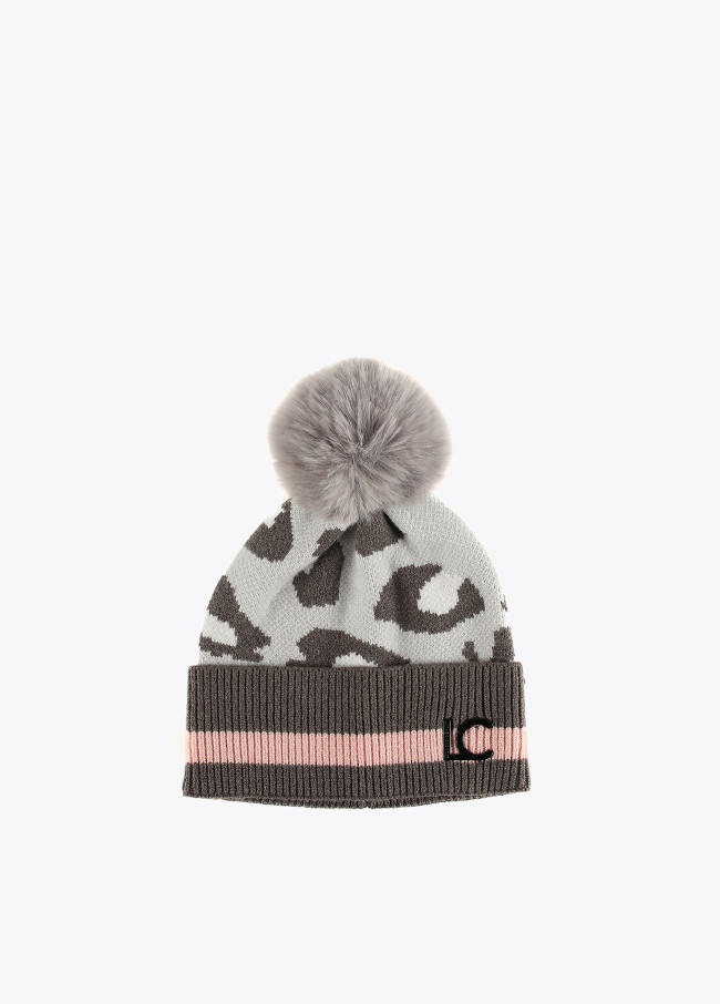 Pompom and animal print beanie hat