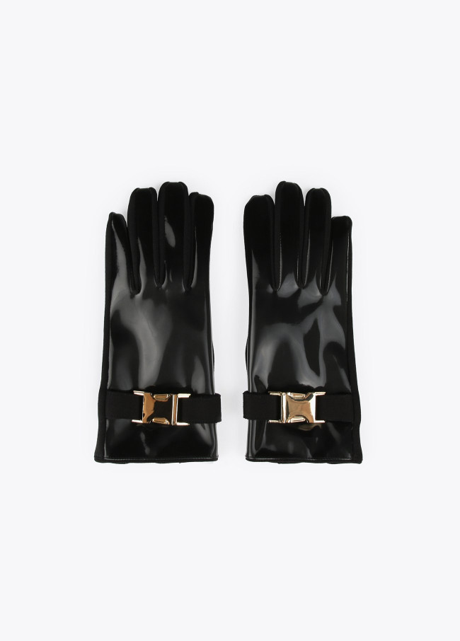 Patent leather buckle gloves
