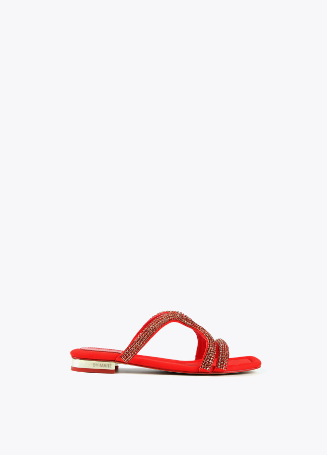 Red flat sandals with hot sale rhinestones