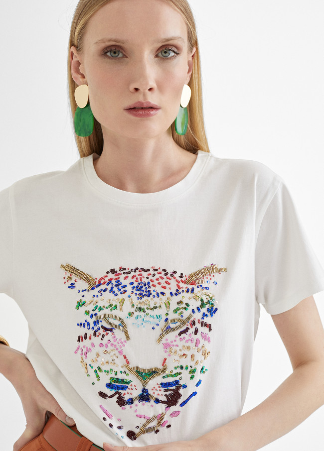 T-Shirt mit Tiger-Stickerei