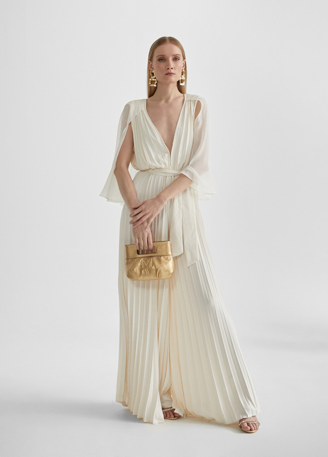 Pleated jumpsuit with cape sleeves