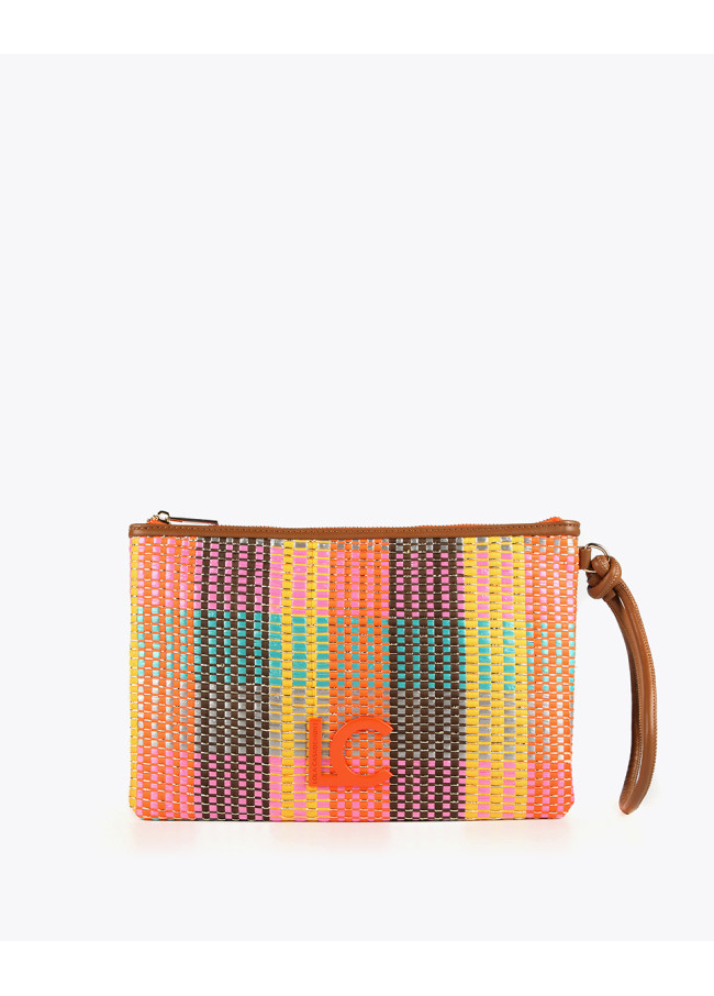 Multicoloured raffia effect clutch bag