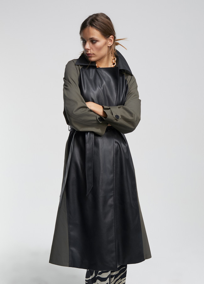 Contrast faux leather trench coat