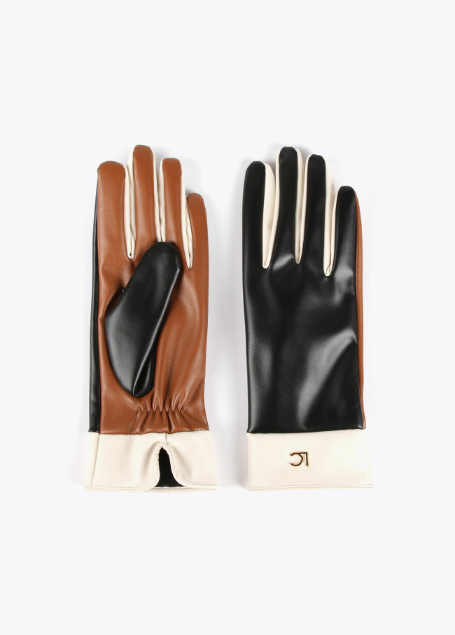 Three-coloured faux leather gloves