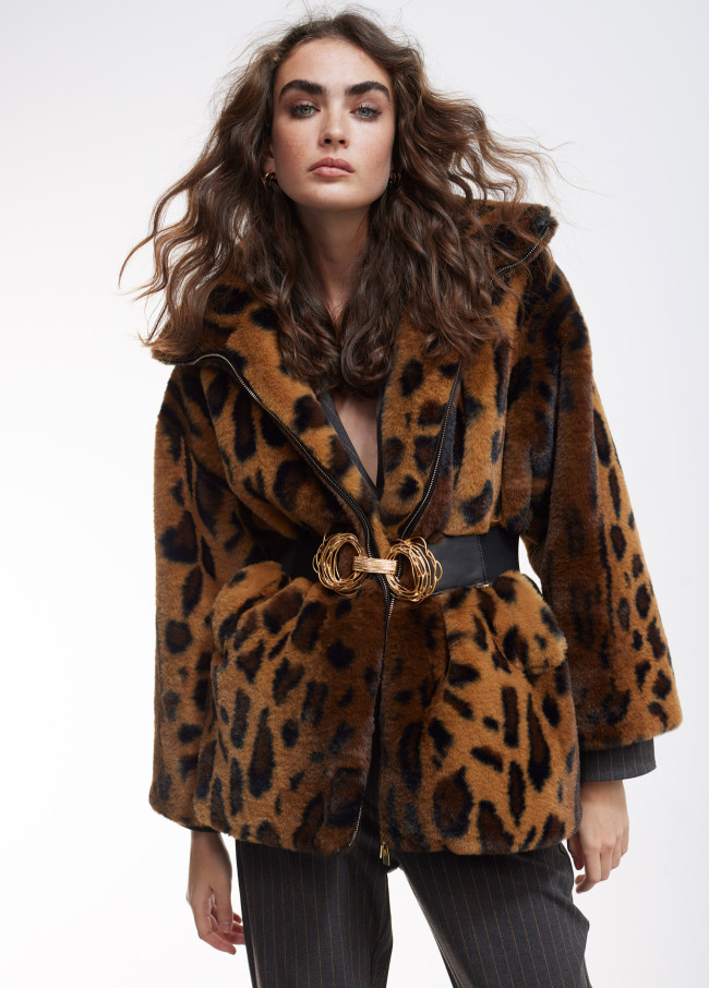 Animal print faux fur jacket