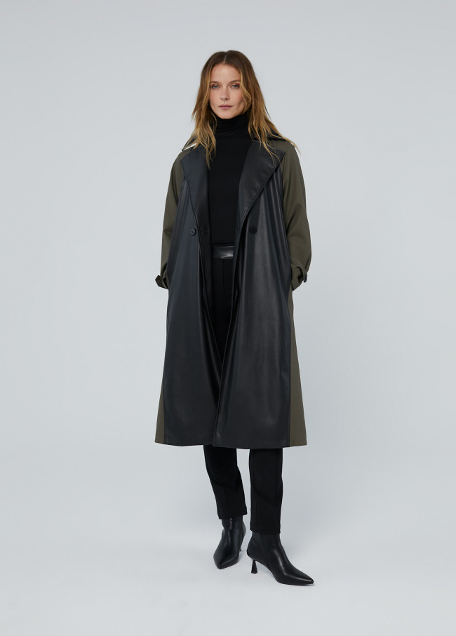 Contrast faux leather trench coat