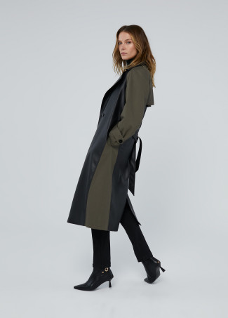 Contrast faux leather trench coat