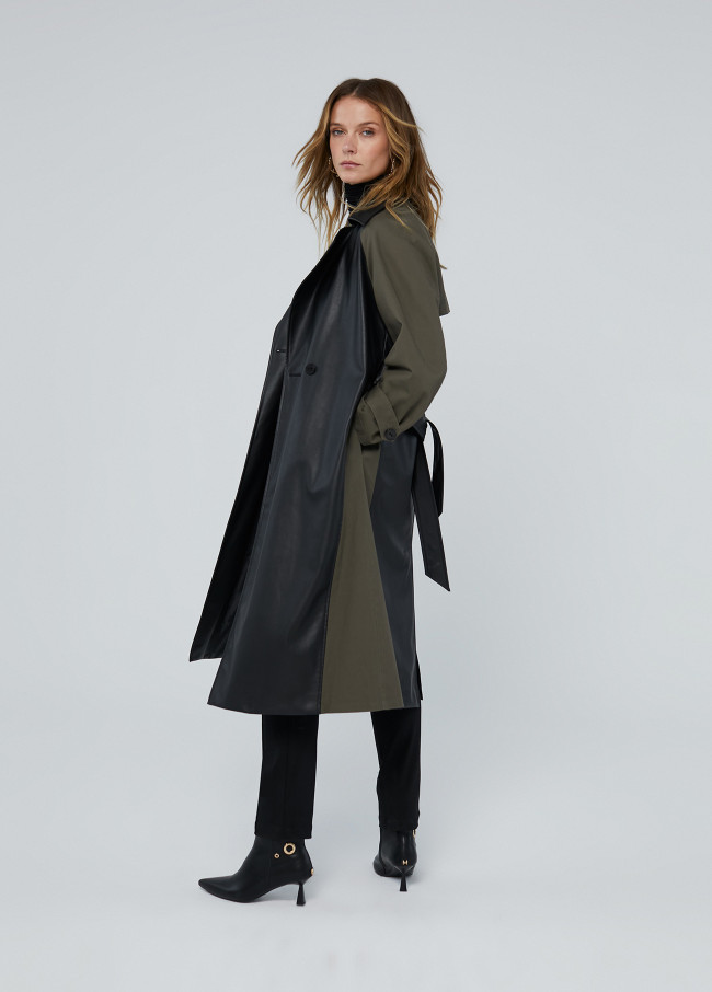 Contrast faux leather trench coat