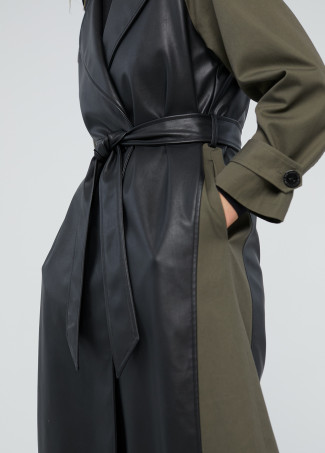Contrast faux leather trench coat