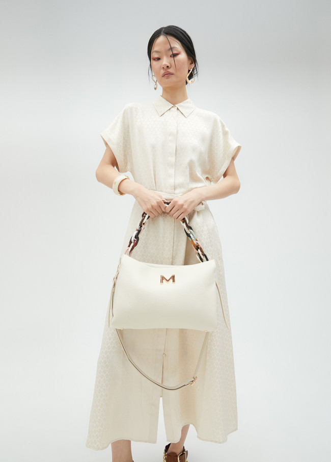 Large faux leather bag with multicoloured strap