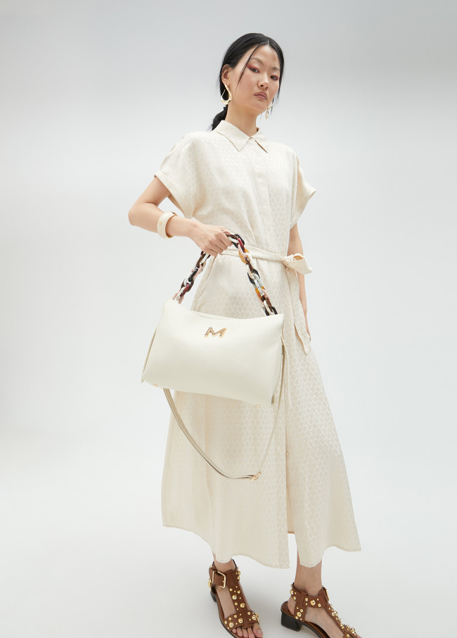 Large faux leather bag with multicoloured strap