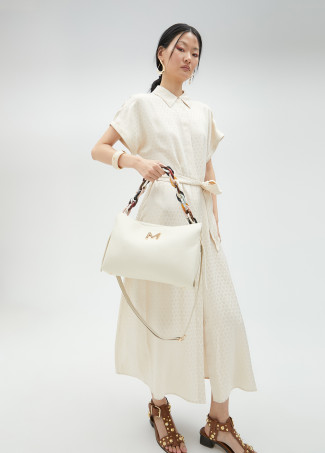 Large faux leather bag with multicoloured strap