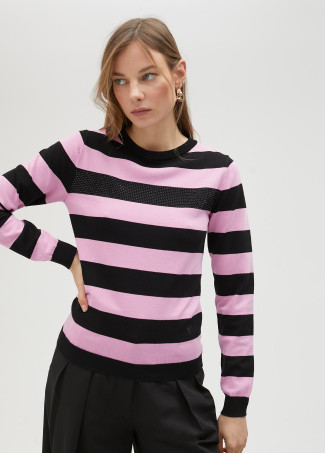 Pullover bicolore a righe con dettaglio di strass