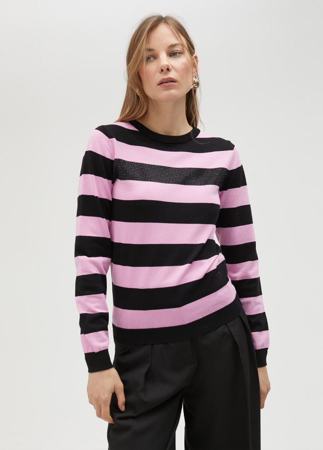 Two-tone striped sweater with rhinestone detail