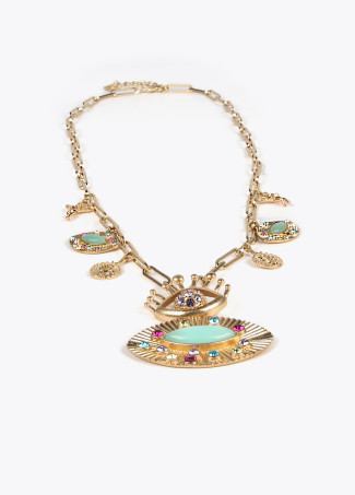Necklace with rhinestone eye and charms