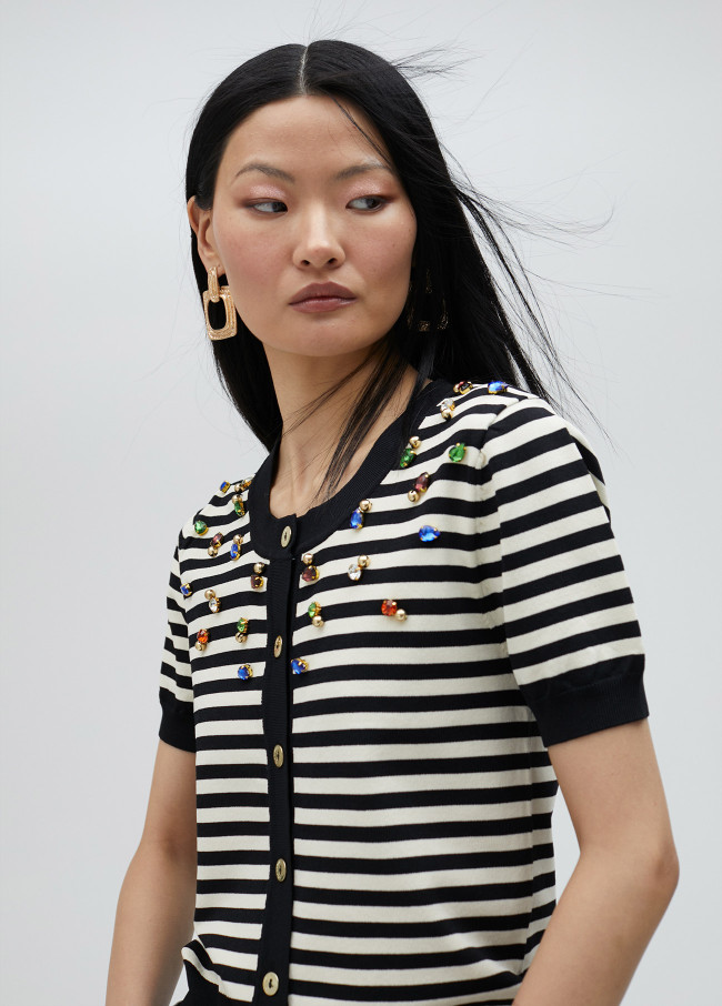 Cardigan às riscas com pedraria