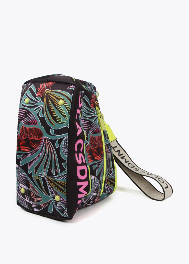 Necessaire em nylon com estampado floral e...
