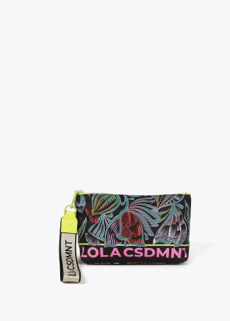 Necessaire em nylon com estampado floral e pormenores fluorescentes