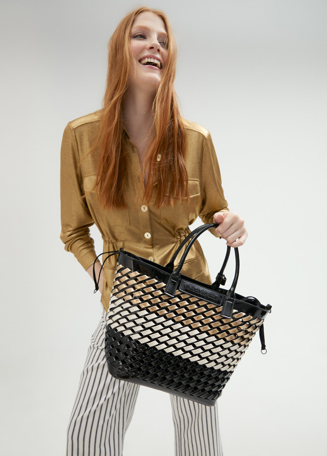 Woven faux patent tote bag