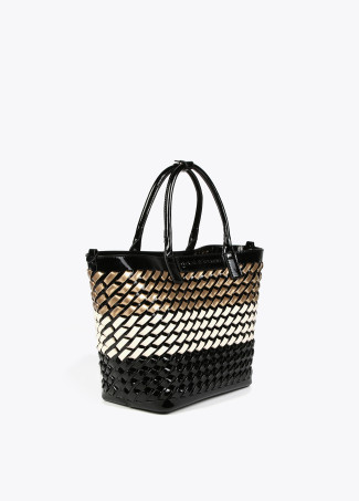 Woven faux patent tote bag