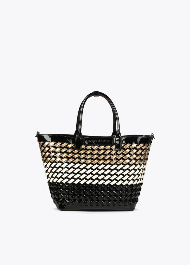 Woven faux patent tote bag