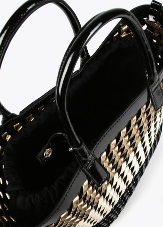 Woven faux patent tote bag