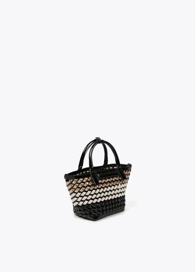 Woven faux patent mini tote bag