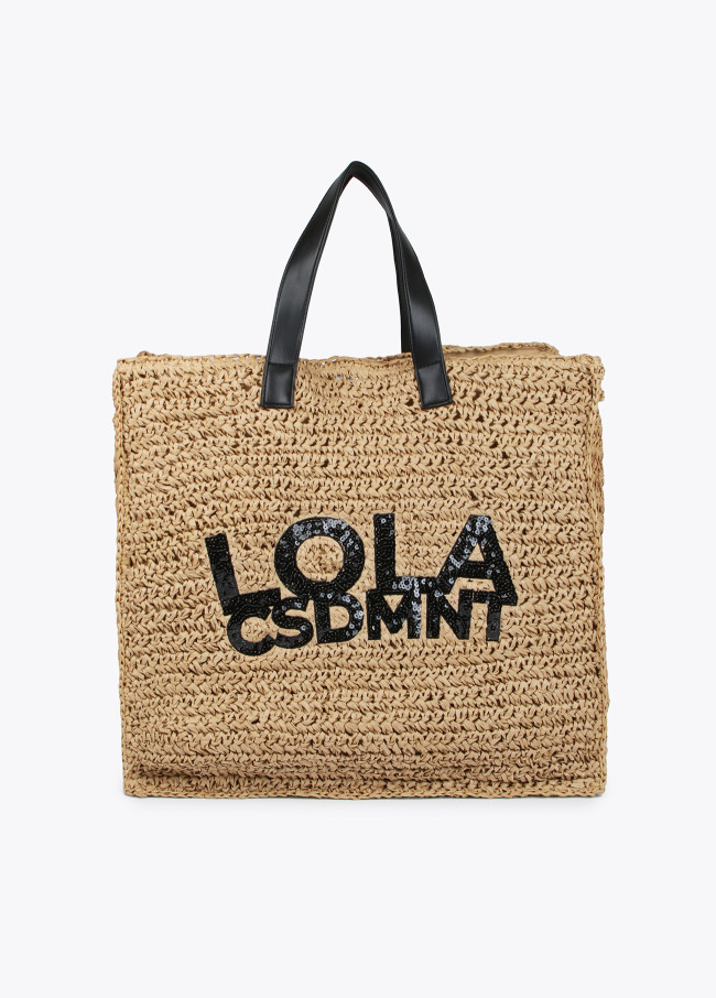 Bolso efecto rafia con logo brillante