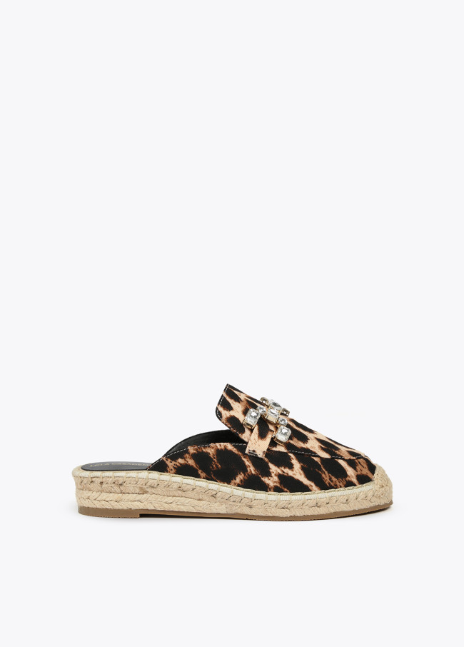 Flat animal print espadrilles with rhinestone...