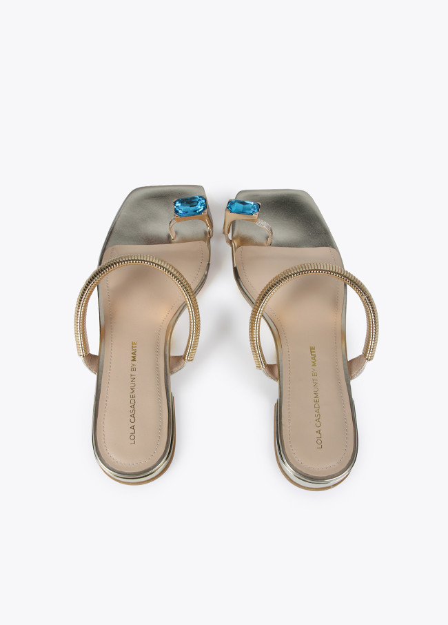 Metallic sandals with rhinestone ring detail