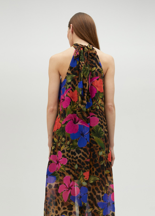 Langes Neckholder-Kleid mit Animal Print