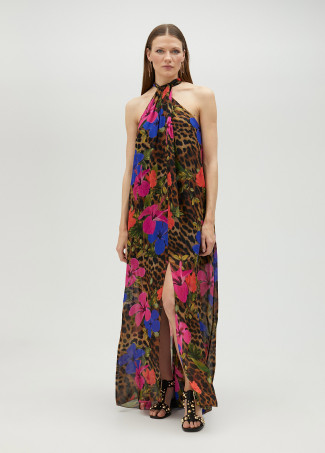 Langes Neckholder-Kleid mit Animal Print