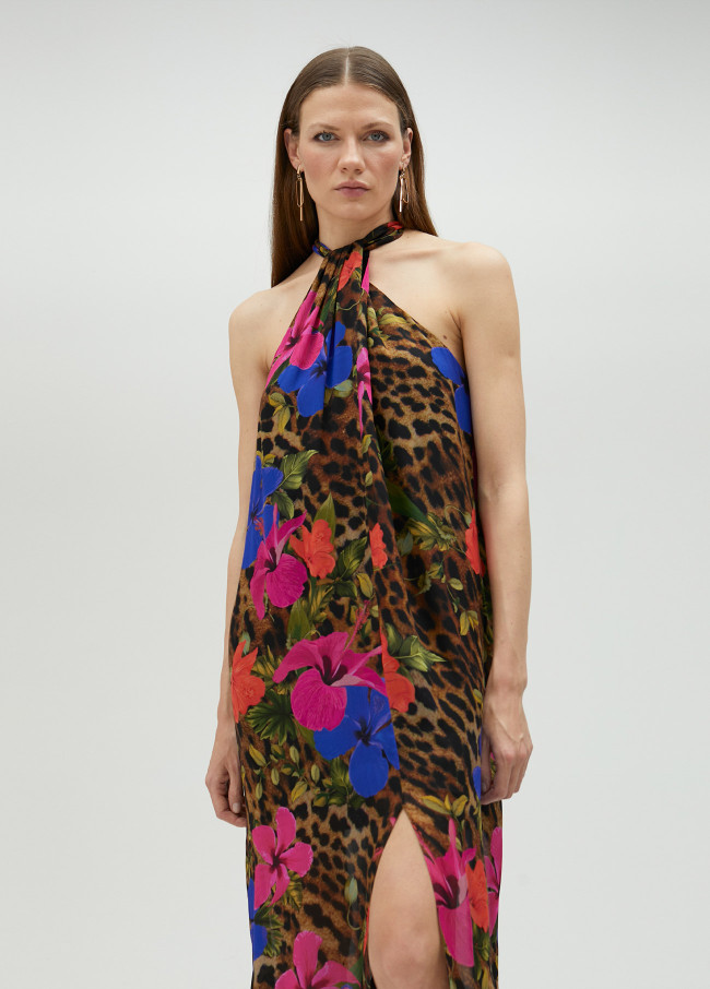 Langes Neckholder-Kleid mit Animal Print