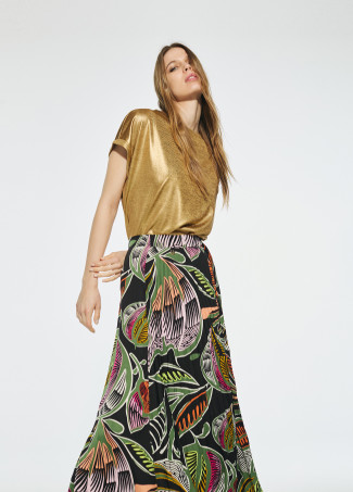 Saia plissada com estampado tropical