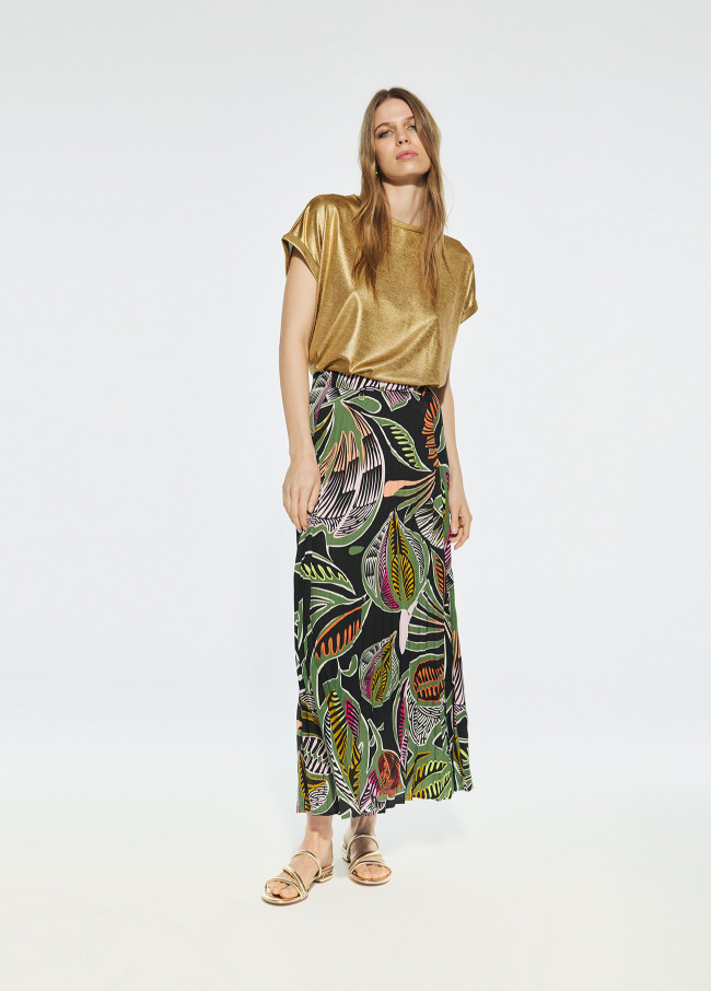 Pleated tropical print skirt