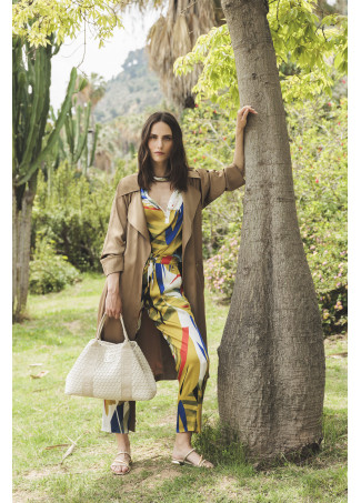 Calças jogger acetinadas com estampado tropical