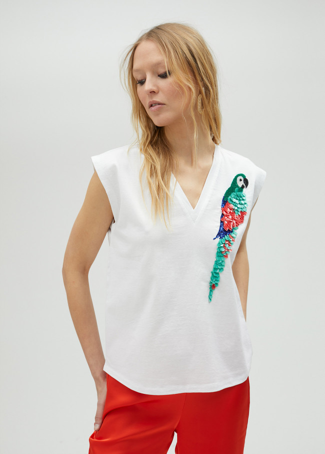 T-shirt pormenor papagaio multicolor