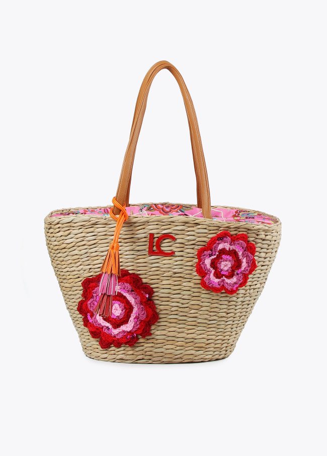 Mala tote estampado floral em croché