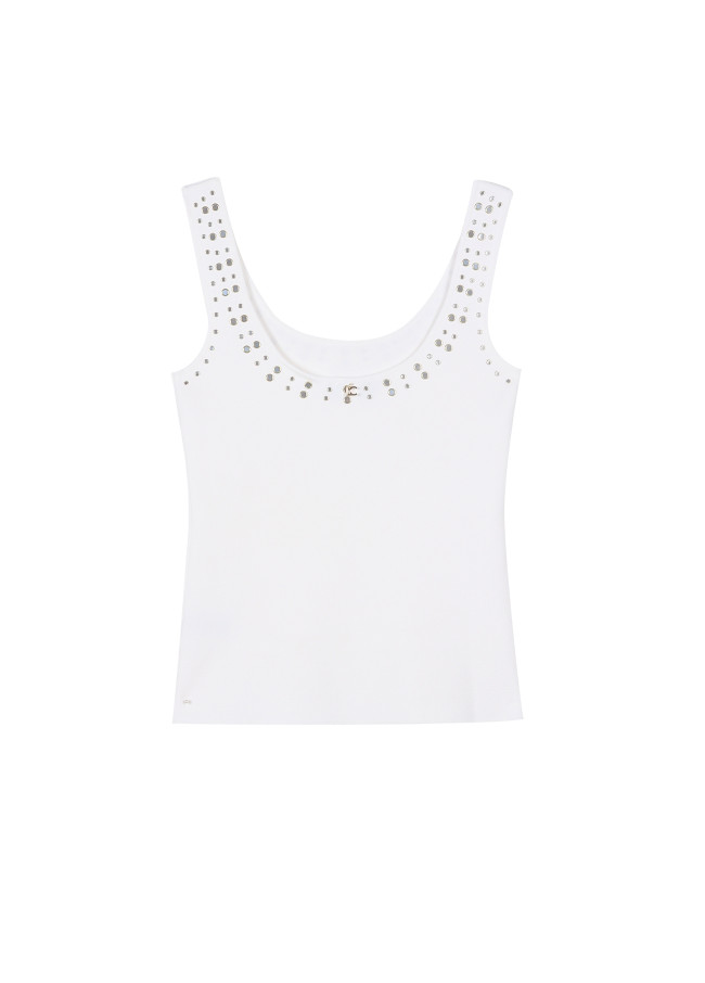 Knit top with rhinestone neckline