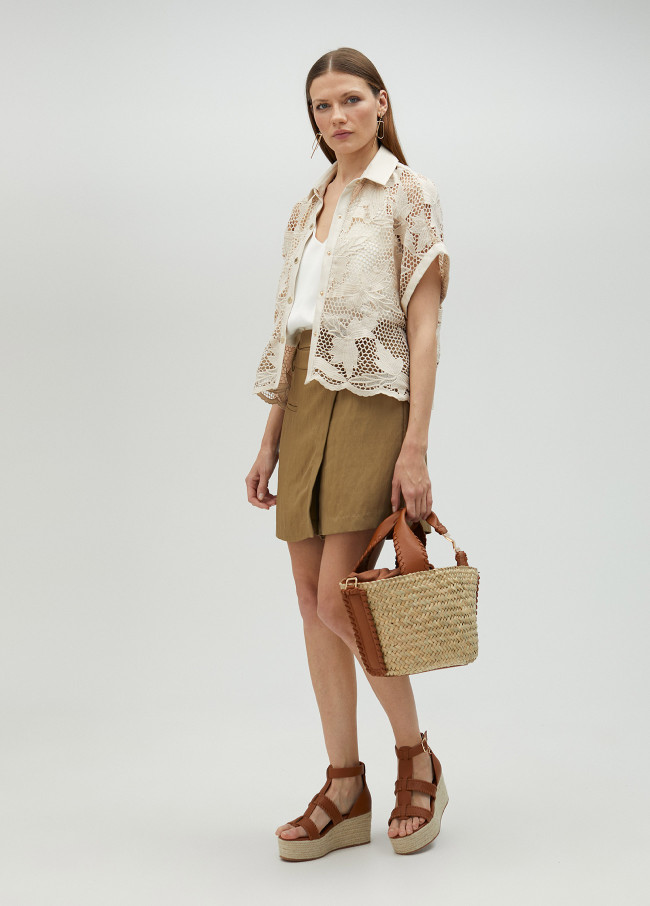 Cropped openwork guipure lace shirt