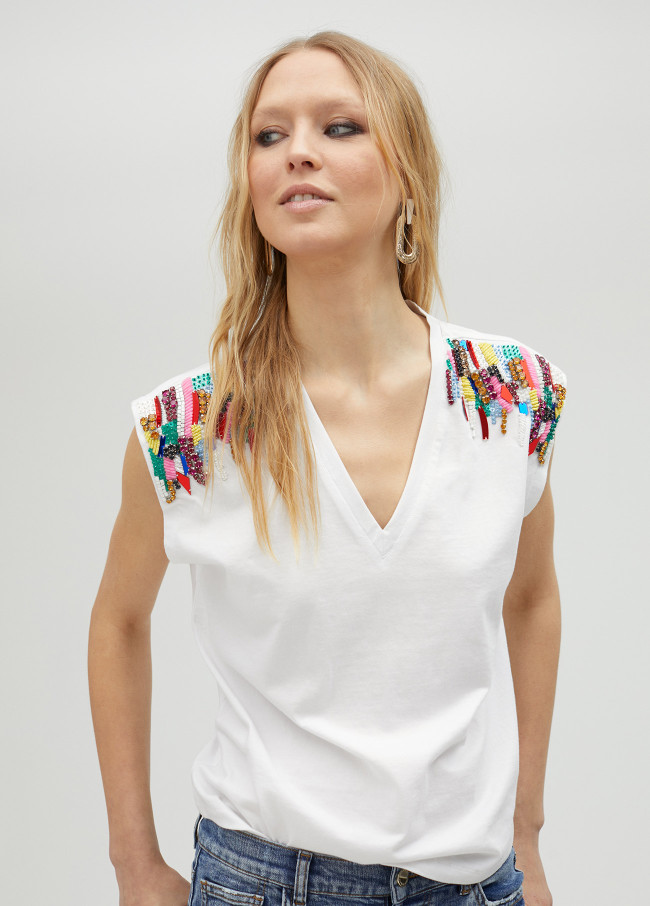Maglietta strass sulle spalle