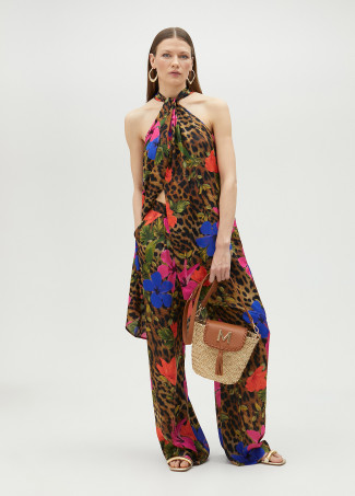 Top halter con volumen animal print y flores
