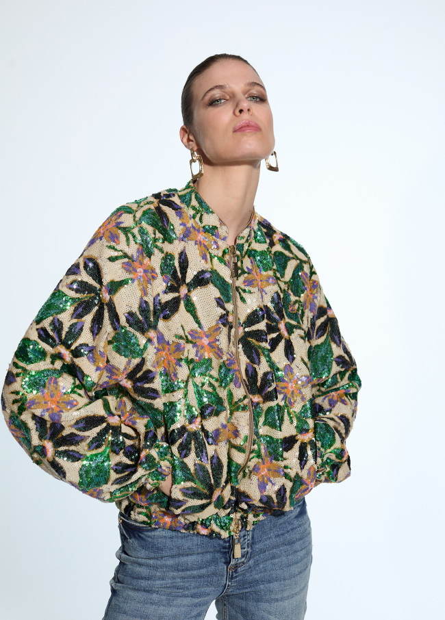 Chaqueta bomber tejido lentejuela floral