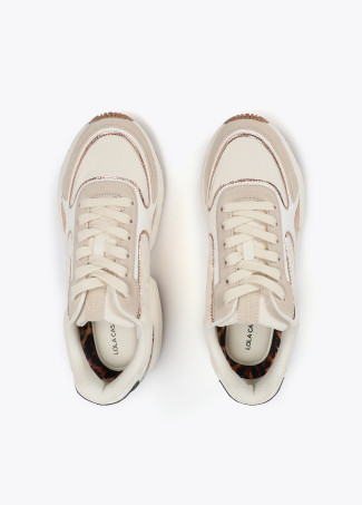 Trainers with running sole and combination of different fabrics and leather