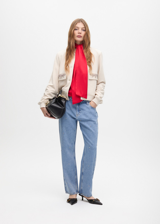 Bomber jacket with jeweled pocket detail