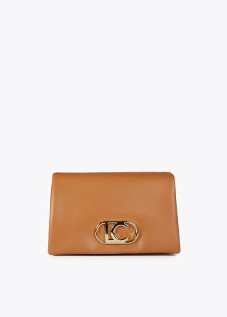Faux leather crossbody bag with three compartments and flap.